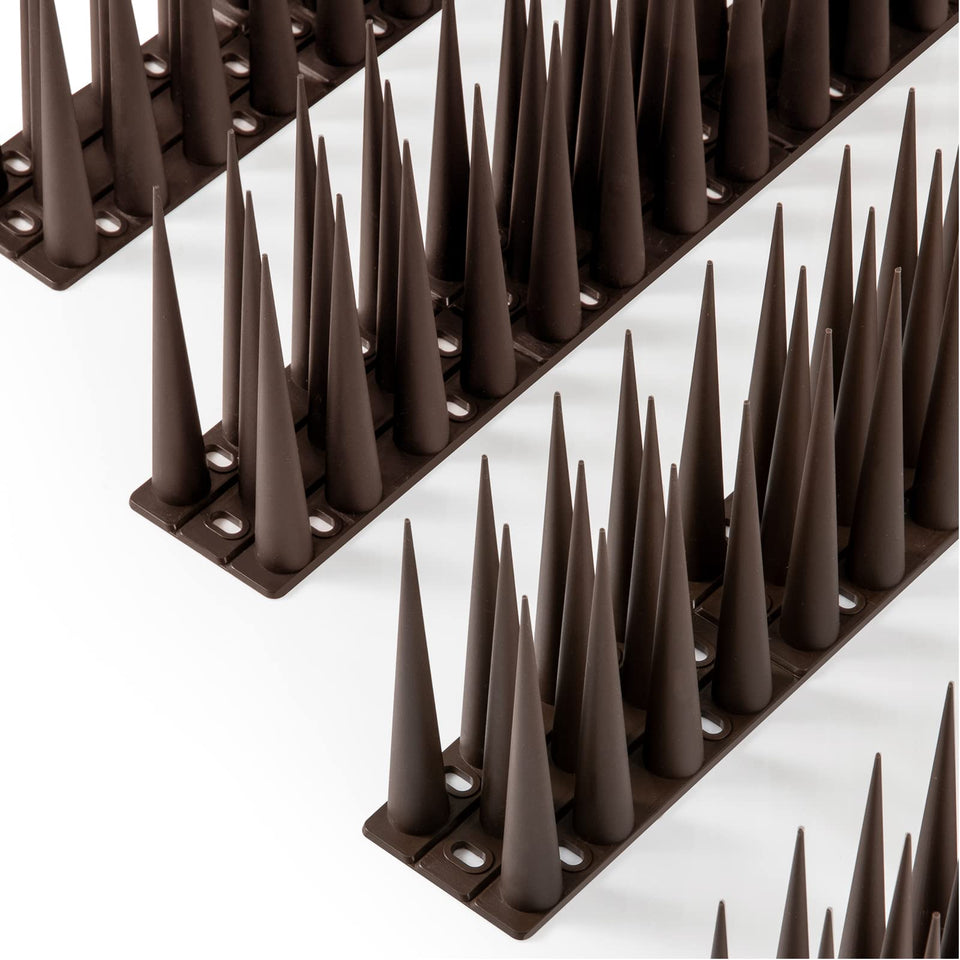 OFFO Bird Spikes show 4-inch deterrents on a wide window sill to deter medium birds.