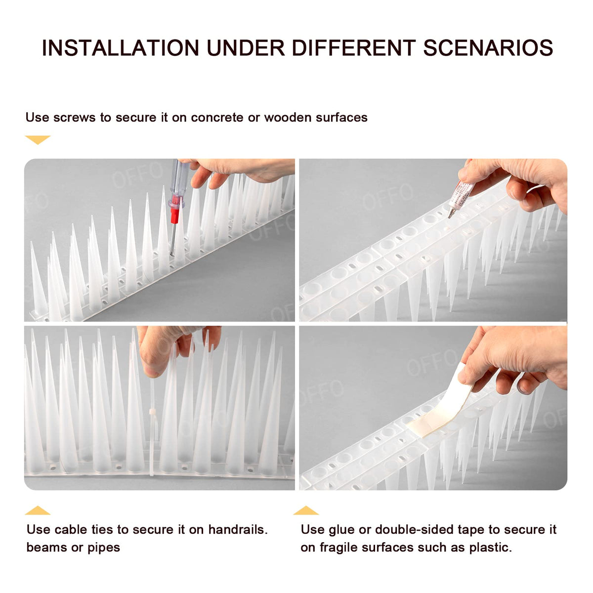 OFFO Bird Spikes durable PP construction resists rust and wear.