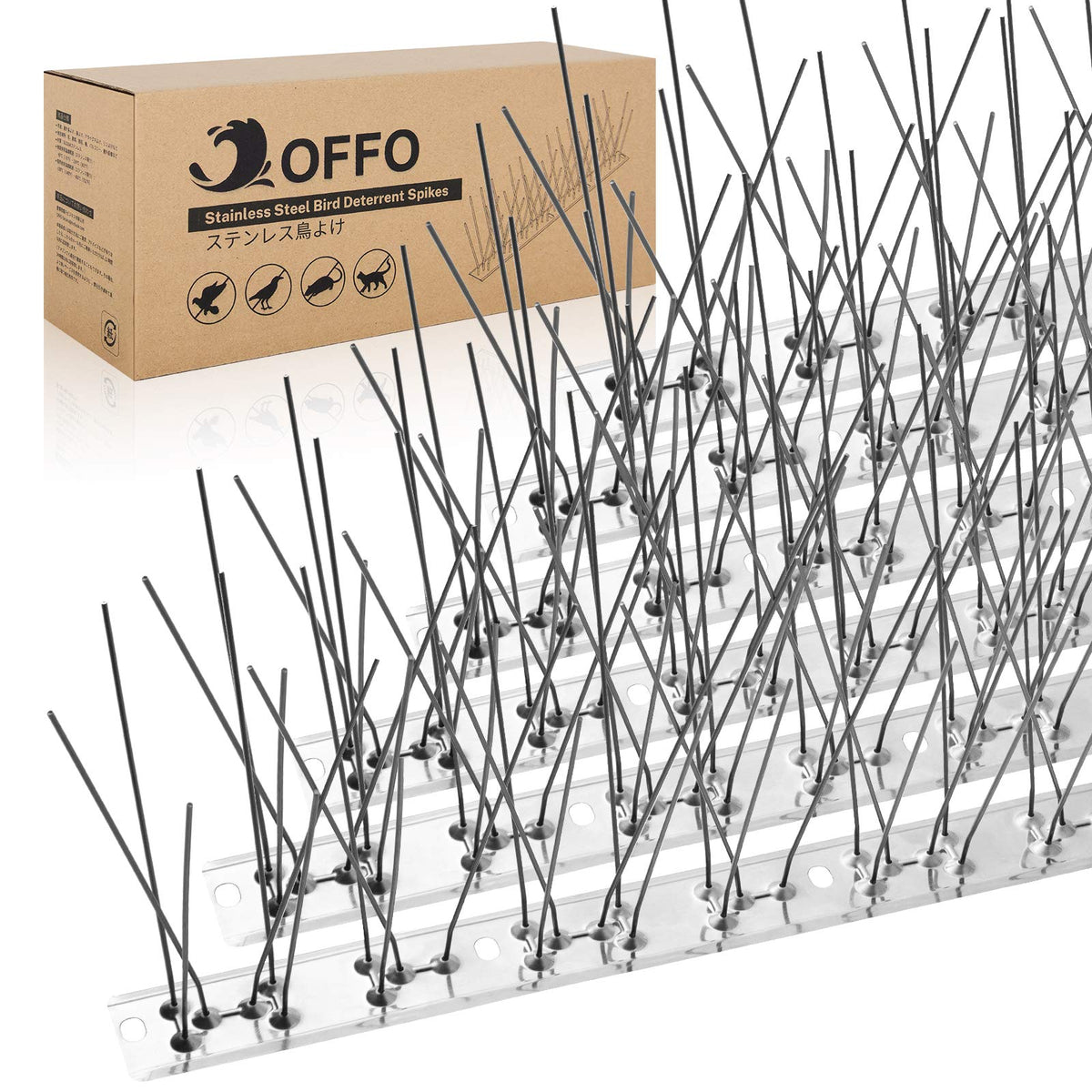 OFFO Bird Spikes pre-assembled 304 stainless steel for outdoor use, durable and weather resistant.