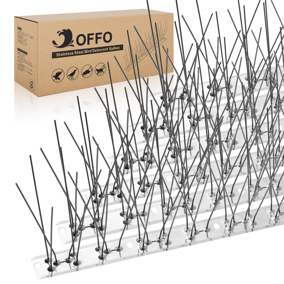 OFFO Bird Spikes pre-assembled on a window sill for quick, humane deterrence.