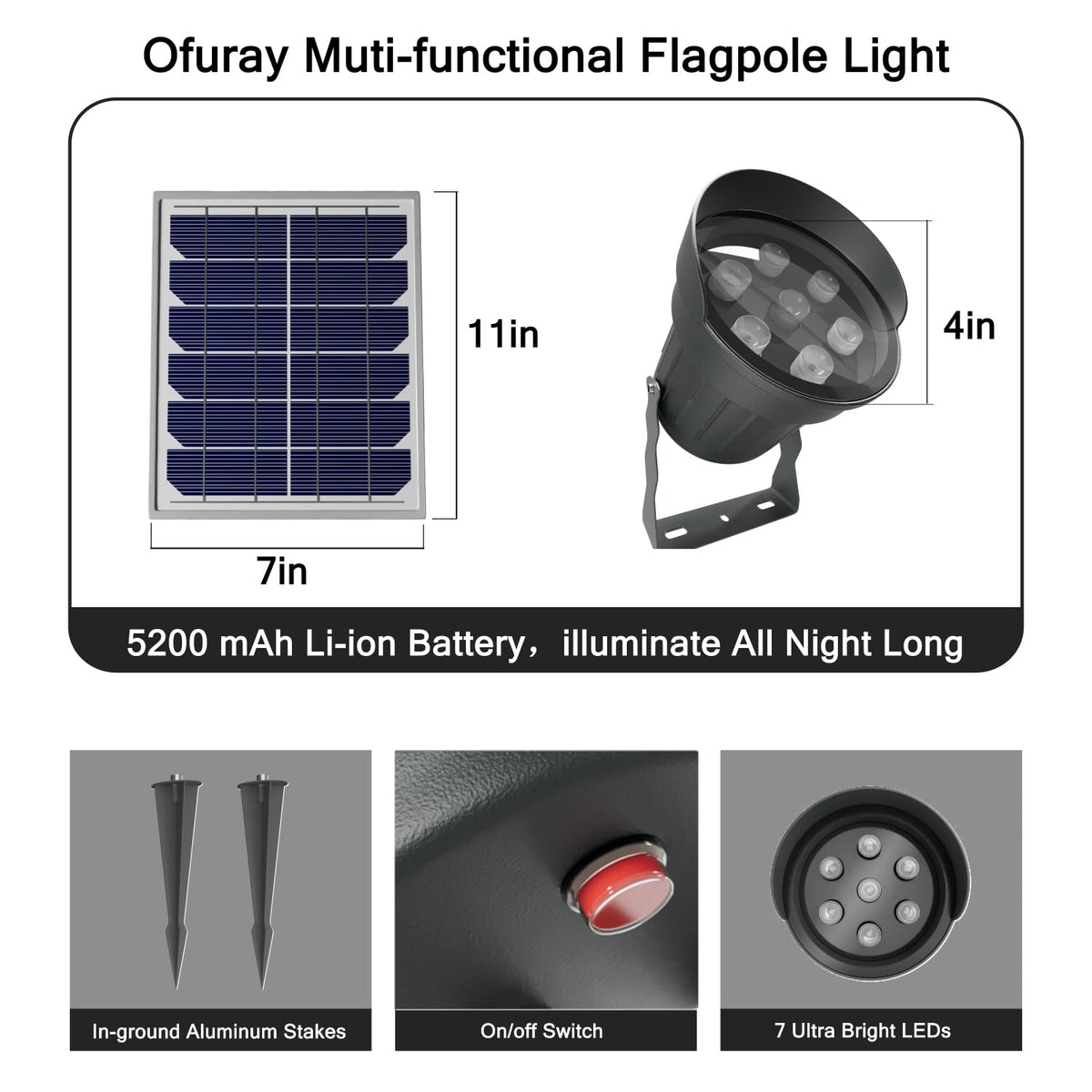 Ofuray solar flag pole light fit range 1-4 inch flagpoles versatility