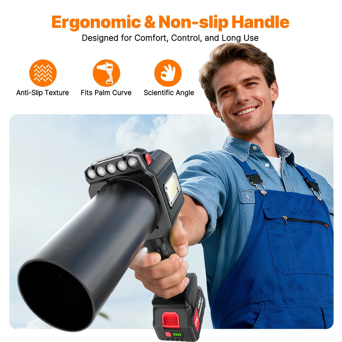 OGERY blower dual LED lights aid dusk or indoor work.