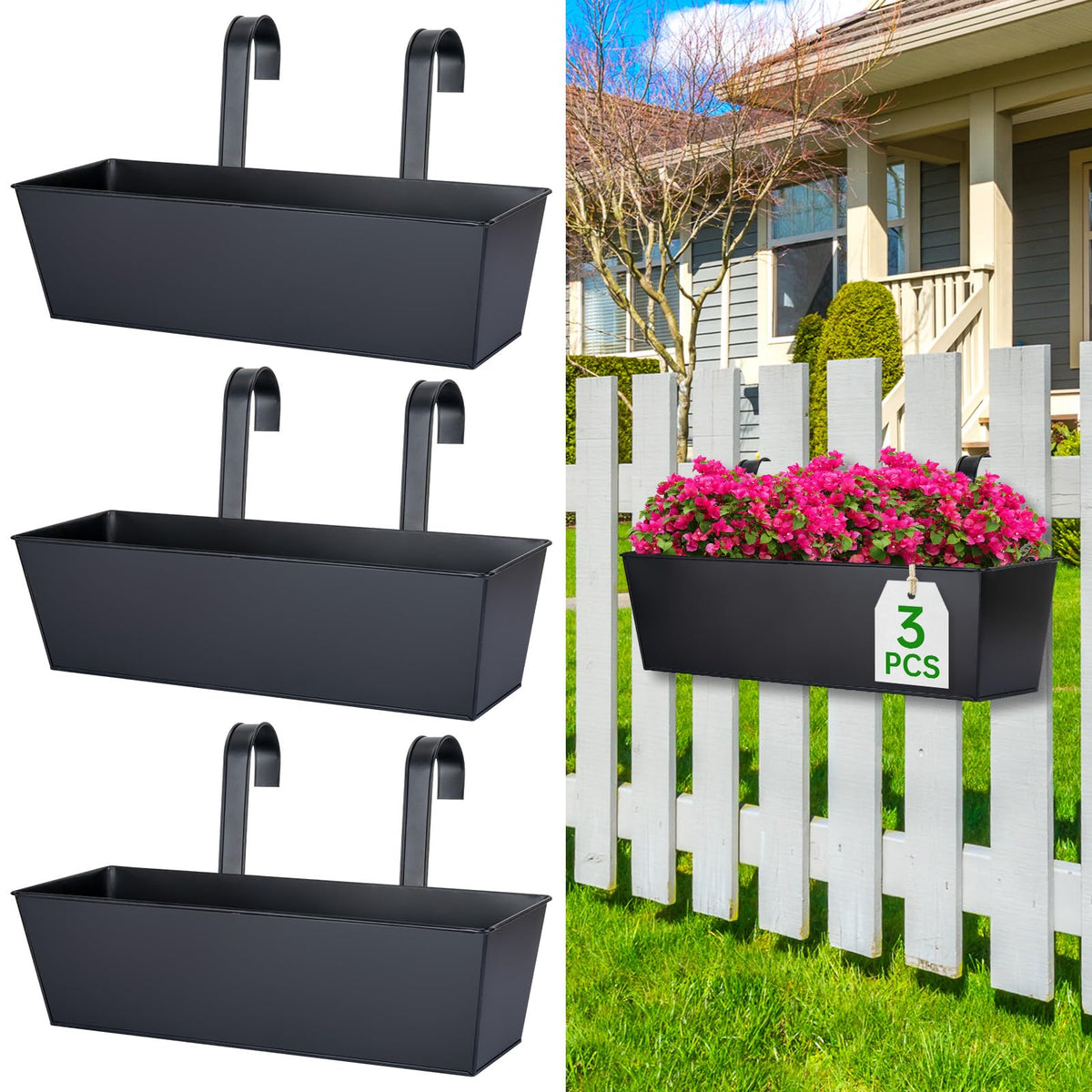 OGIMA 16-inch railing planter box on a balcony rail with lush blooms