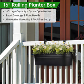 OGIMA all-weather railing planters, fade-resistant and frost-resistant for year-round porch greenery.