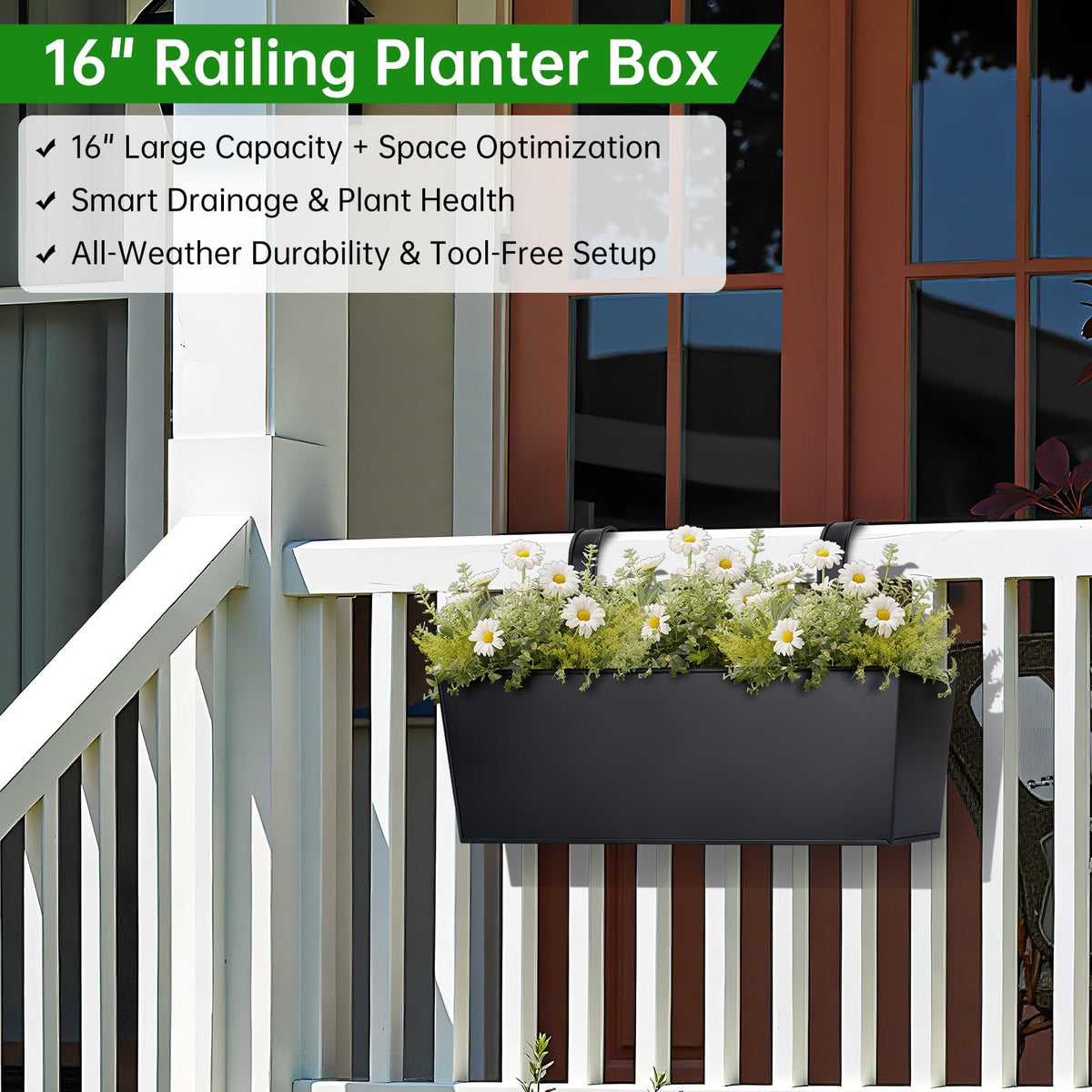 OGIMA railing planter with extra-wide hook securing rails up to 2.7 inches