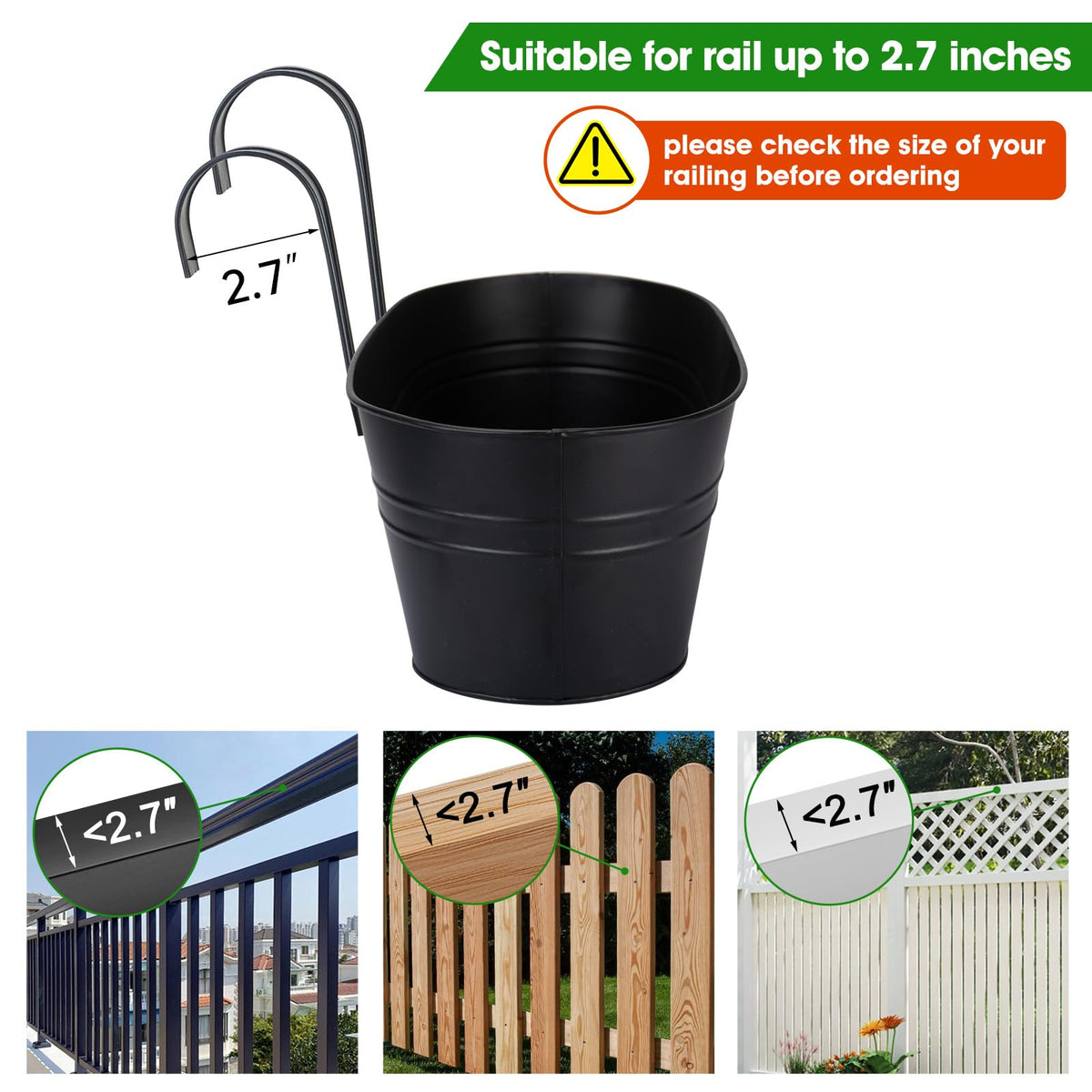 OGIMA wide-hooks rail planters 2-7in, secure on wide railings for stable outdoor display.