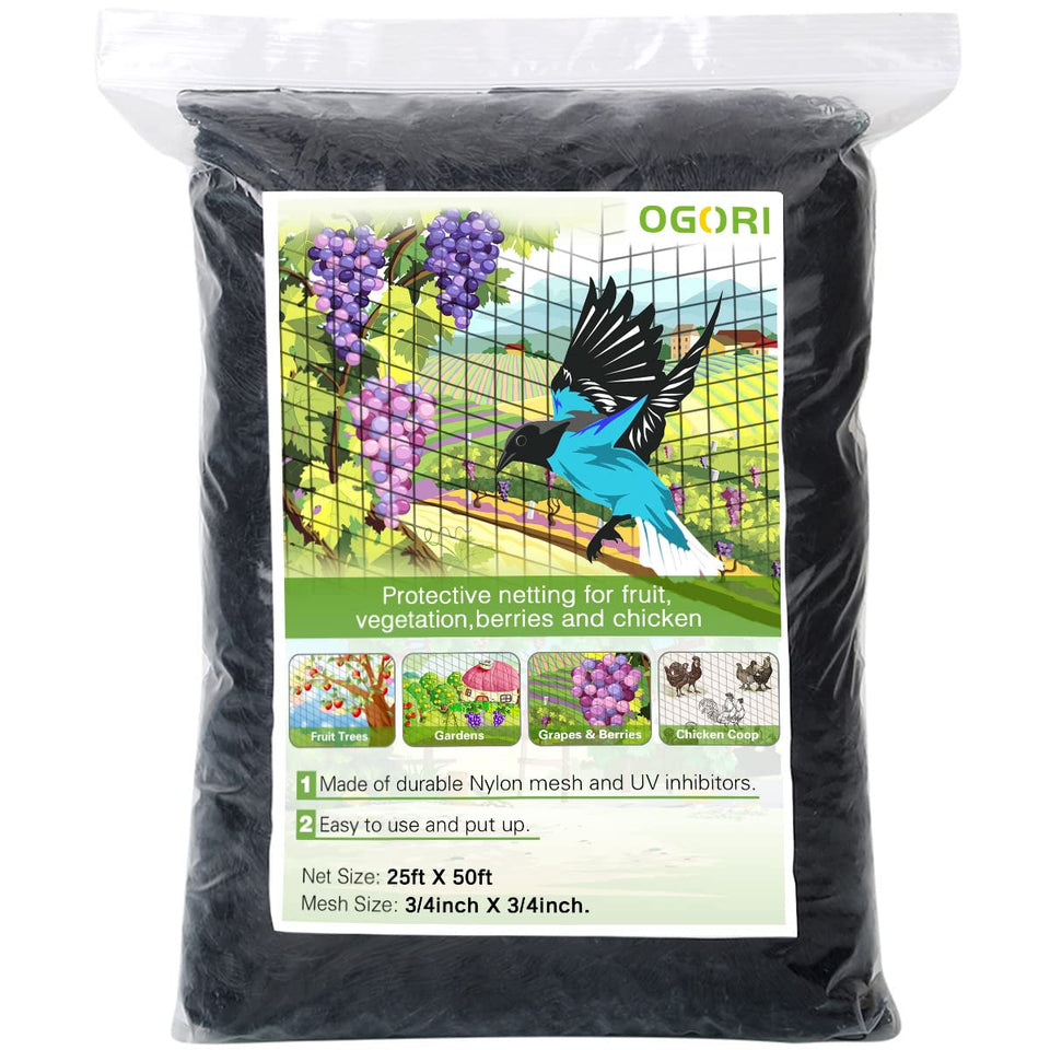 OGORI bird netting 34-inch mesh closeup shows sturdy nylon weave for garden protection.