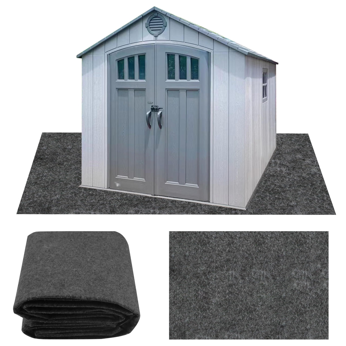 Ogrmar 10x10 ft shed mat with waterproof felt top viewed from above showing coverage
