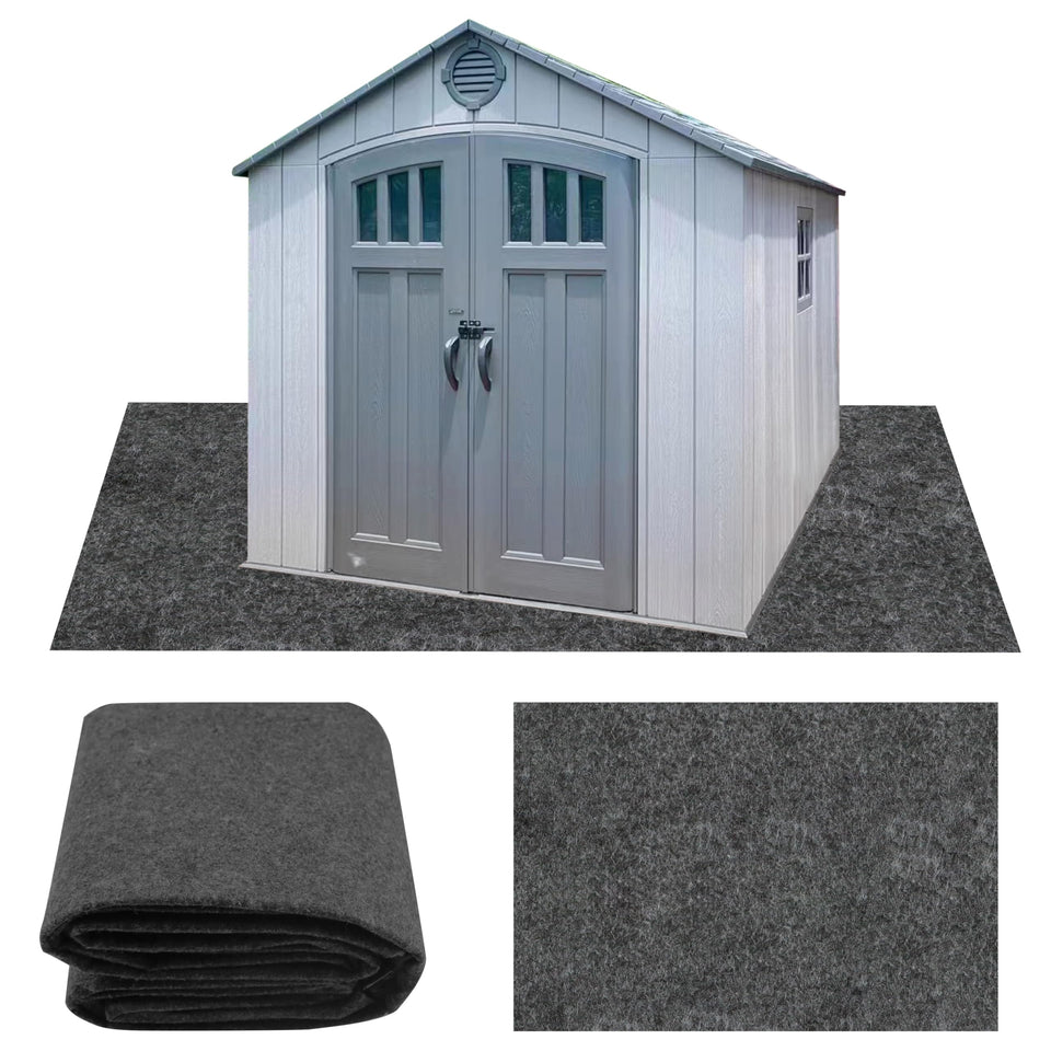 Ogrmar 10x10 ft shed mat with waterproof felt top viewed from above showing coverage