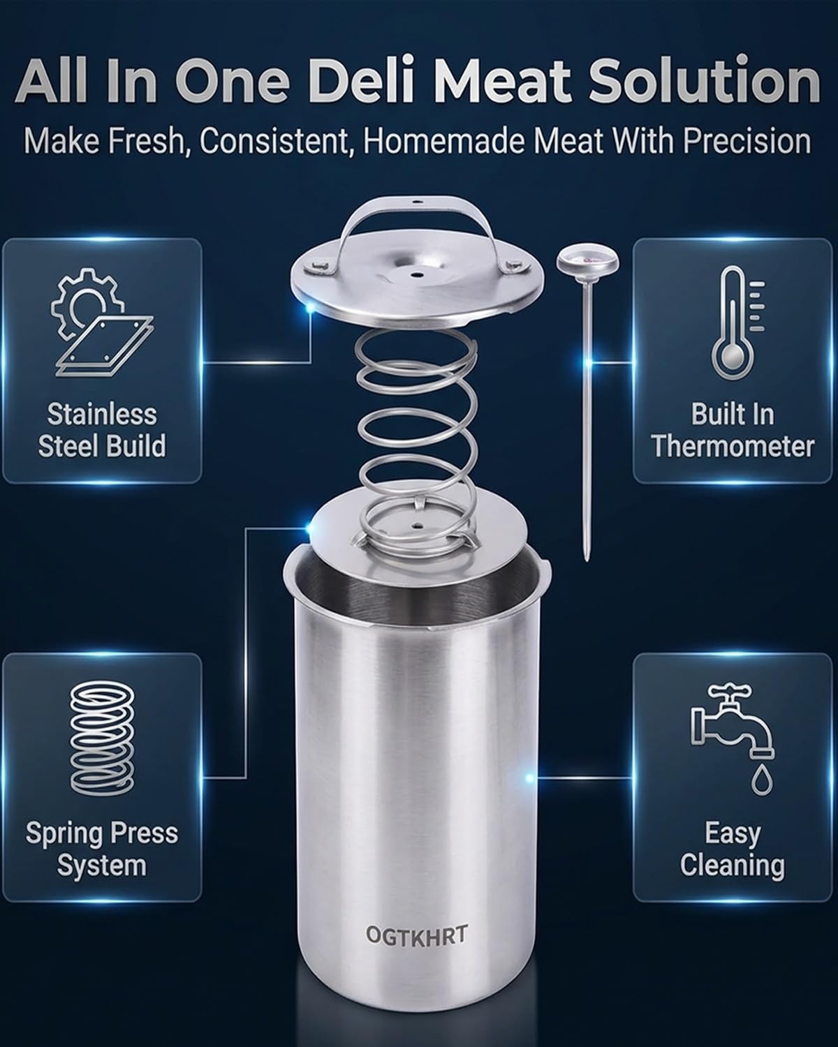 OGTKHRT deli meat press with thermometer highlights precise temperature monitoring for cooking.