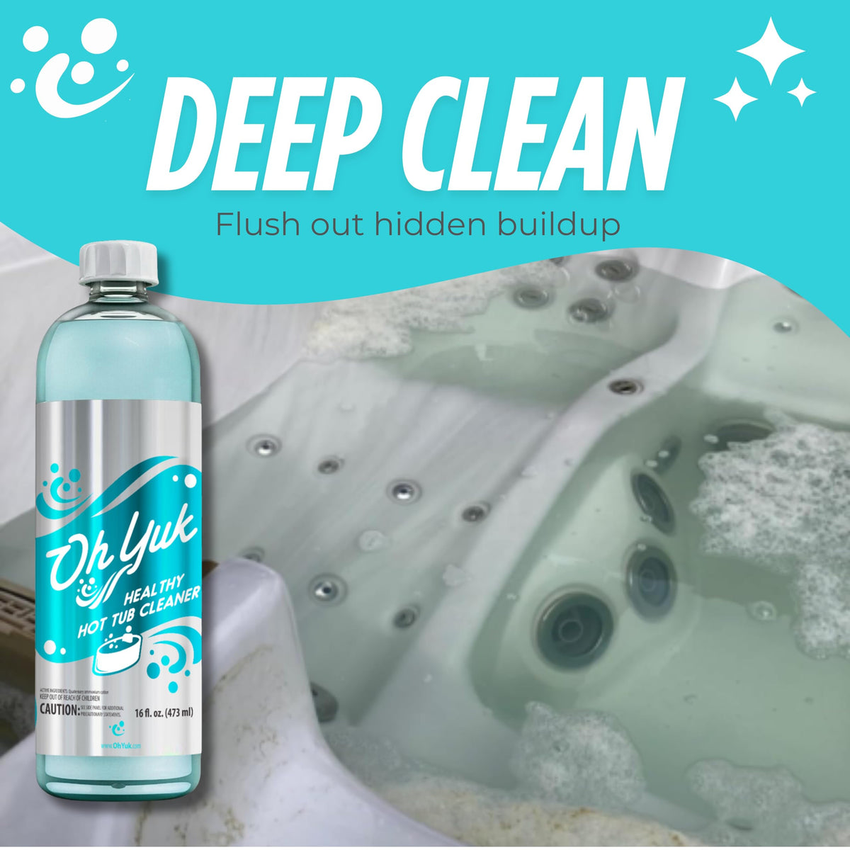 Oh Yuk 5-in-1 weekly care formula bottle highlights simplified spa maintenance.