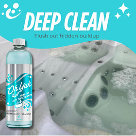 Oh Yuk 5-in-1 weekly care formula bottle highlights simplified spa maintenance.