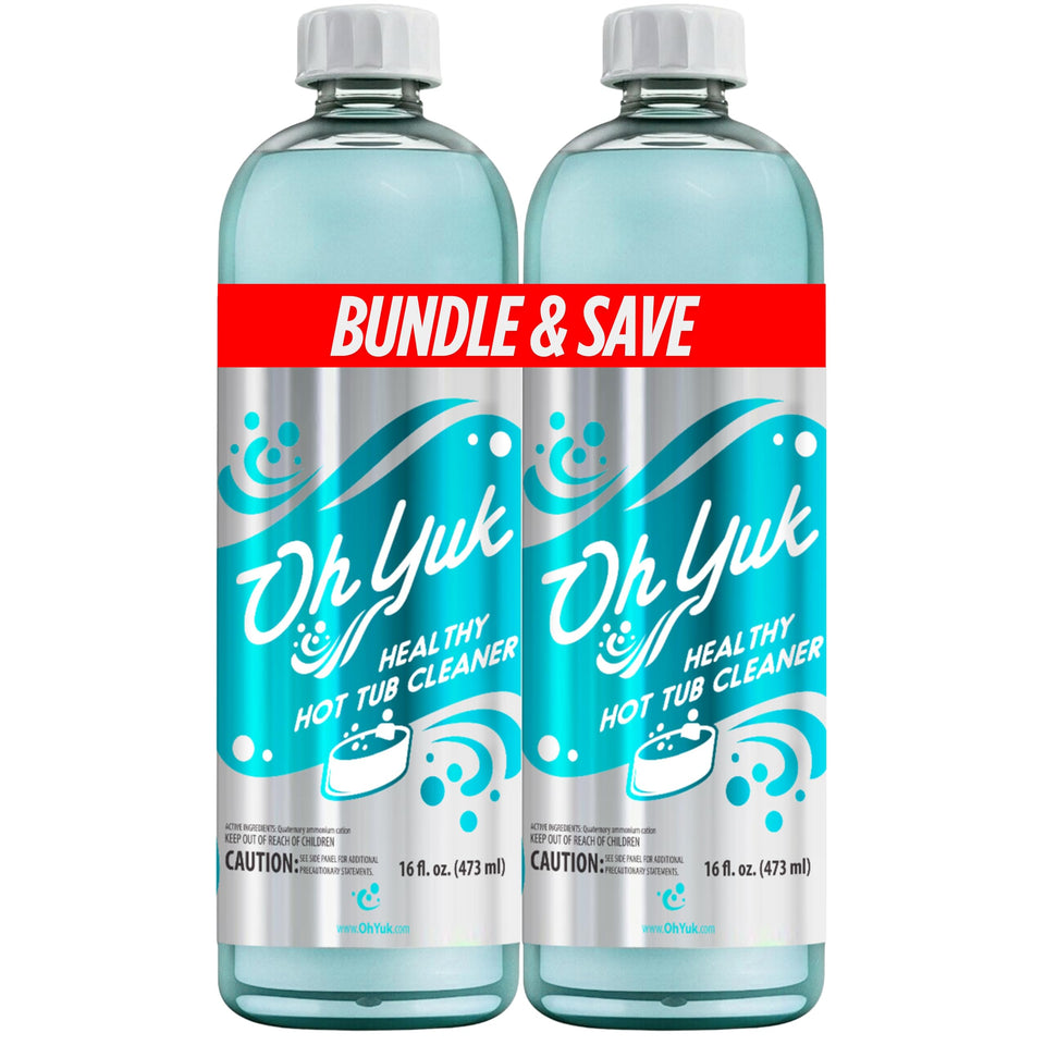 Oh Yuk Hot Tub Cleaner bottle applying deep-clean to jet lines.