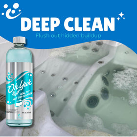 Oh Yuk spa cleaner used in outdoor spa setup.