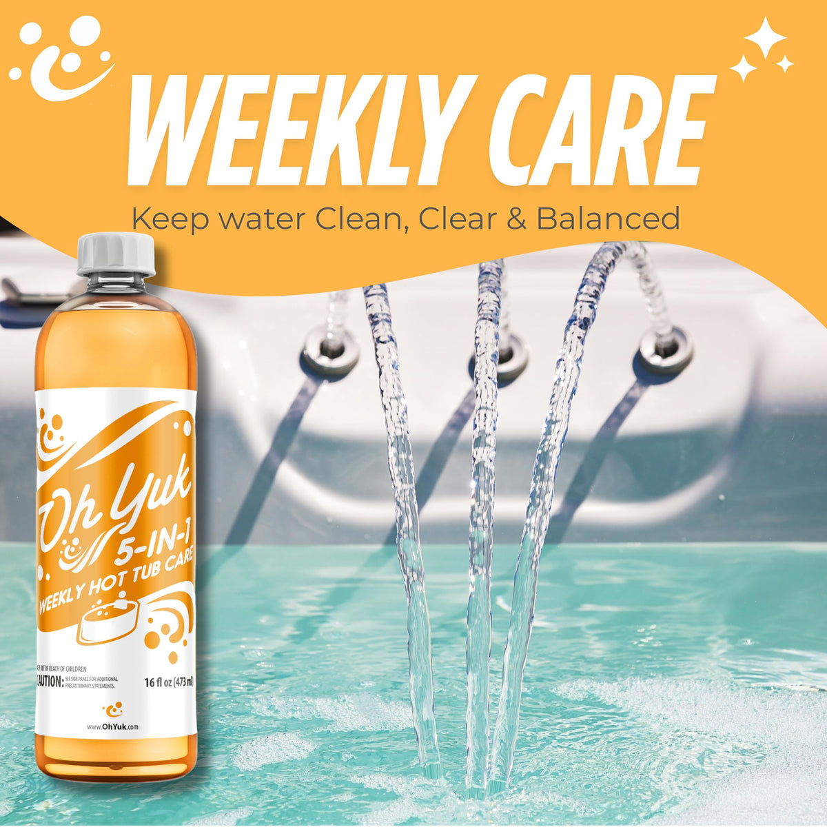 Oh Yuk hot tub water clarifier bottle suggests clearer water and improved feel.