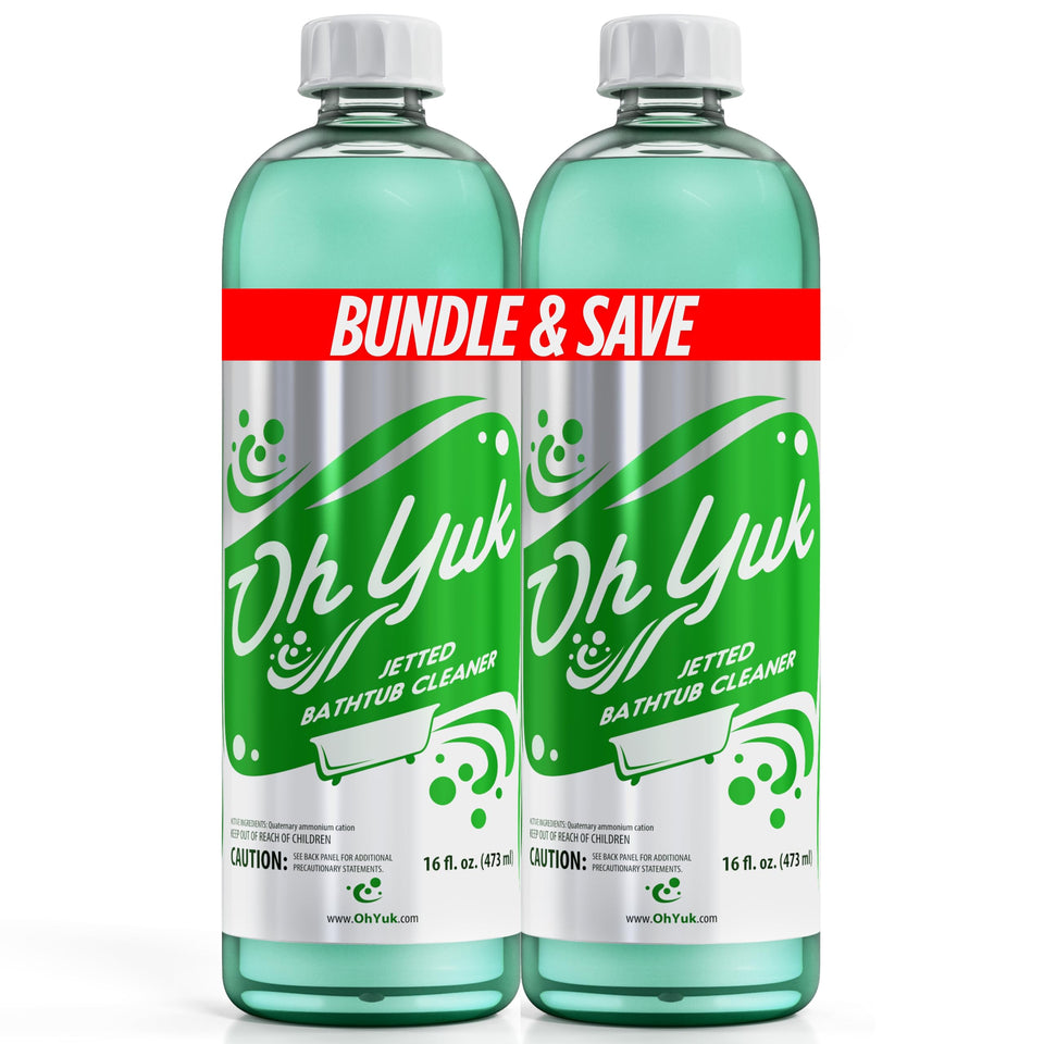 Oh Yuk Jetted Tub Cleaner bottle front label highlights strong cleaning action