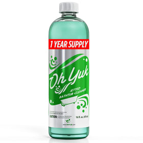 Oh Yuk Jetted Tub Cleaner bottle pour showing deep cleaning action for pipes