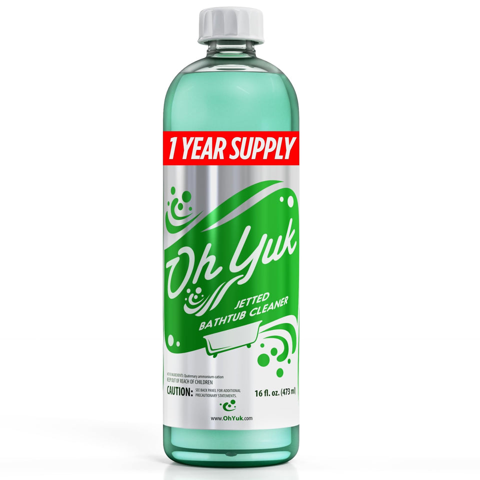 Oh Yuk Jetted Tub Cleaner bottle pour showing deep cleaning action for pipes