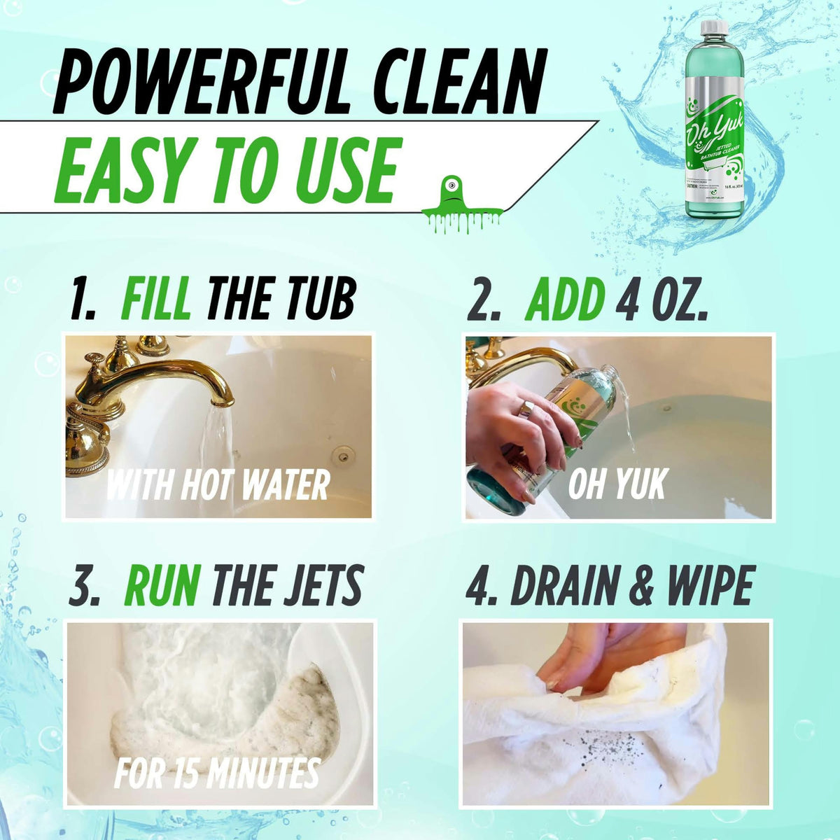 Oh Yuk cleaner compatibility with all jetted tubs and spas