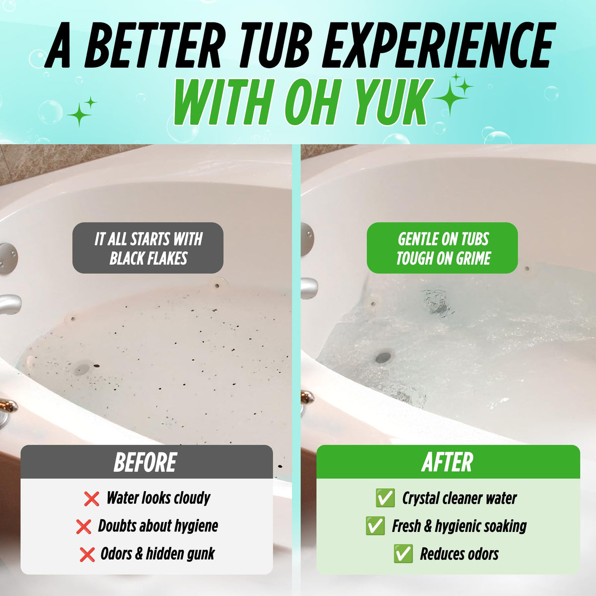 Jets running with Oh Yuk cleaner inside the tub during cleaning