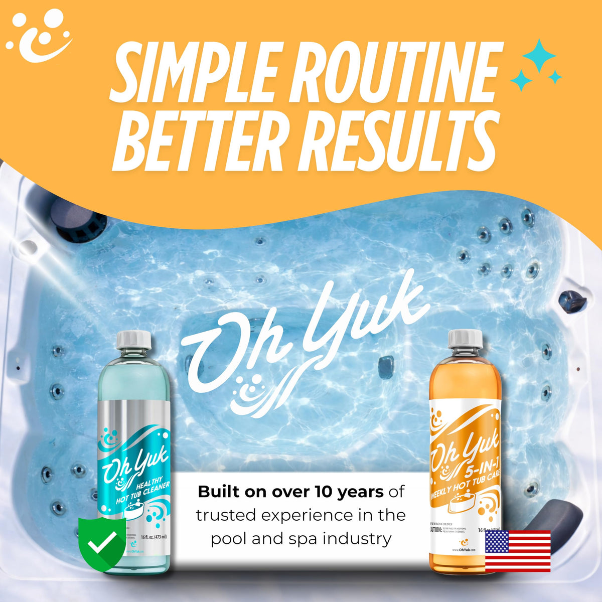 Oh Yuk spa care bottle visual suggests easier, more reliable water management.
