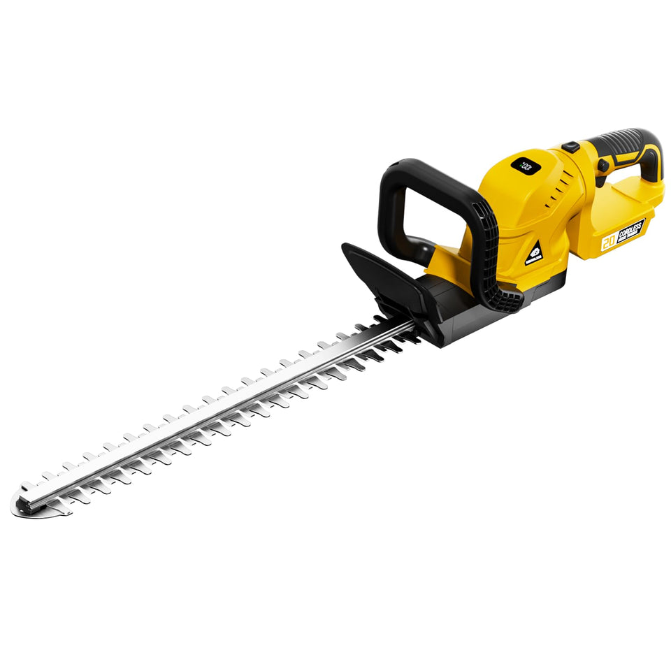 OHAISFELA cordless hedge trimmer with 52cm dual-action blade for precise cuts.