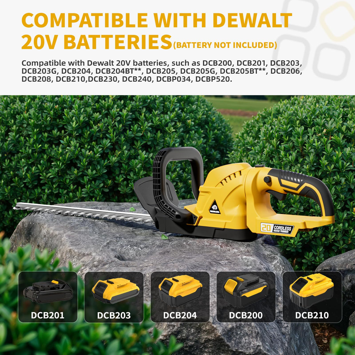 OHAISFELA hedge trimmer showing compatibility with Dewalt 20V batteries.