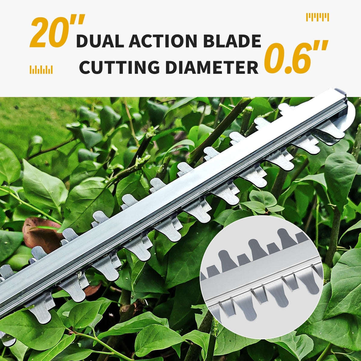 OHAISFELA hedge trimmer features dual safety lock and protective guard.