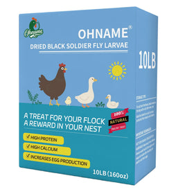 OHNAME 10LB BSFL packaging for chickens showcases eco-friendly feed and calcium-rich nutrition.