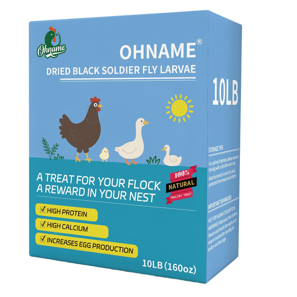 OHNAME 10LB BSFL packaging for chickens showcases eco-friendly feed and calcium-rich nutrition.