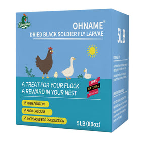 OHNAME 5lb dried BSFL larvae bag showing calcium-rich poultry nutrition for eggshells.