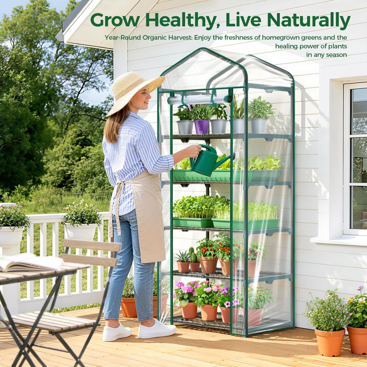 Ohuhu mini greenhouse 5-tier shelves close-up showing stability clamps.