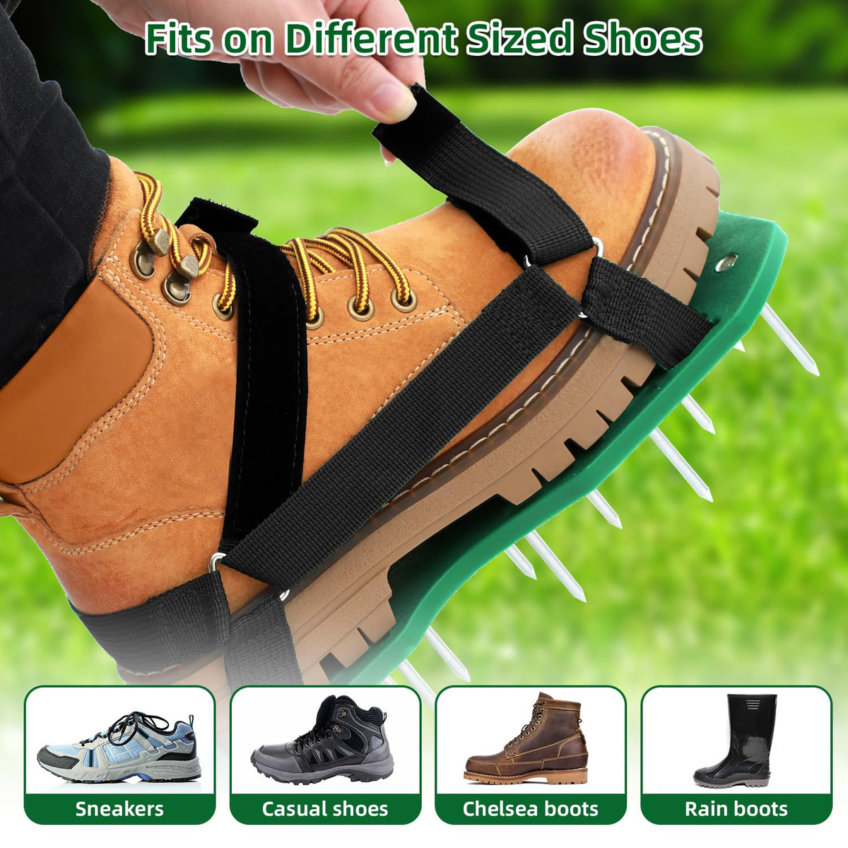 Ohuhu aerator shoes provide stable ground contact for efficient aeration sessions.