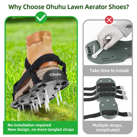 Ohuhu lawn aerator shovel included for cleaning dirt from treads.