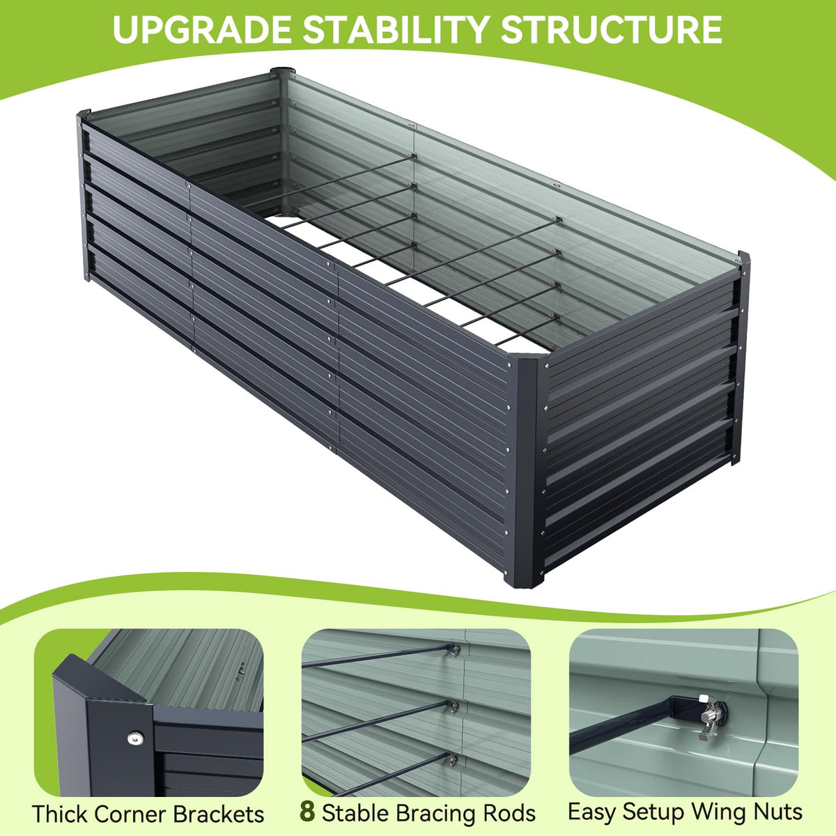 Ohuhu bracing rods and corner brackets reinforce stability under full soil load.
