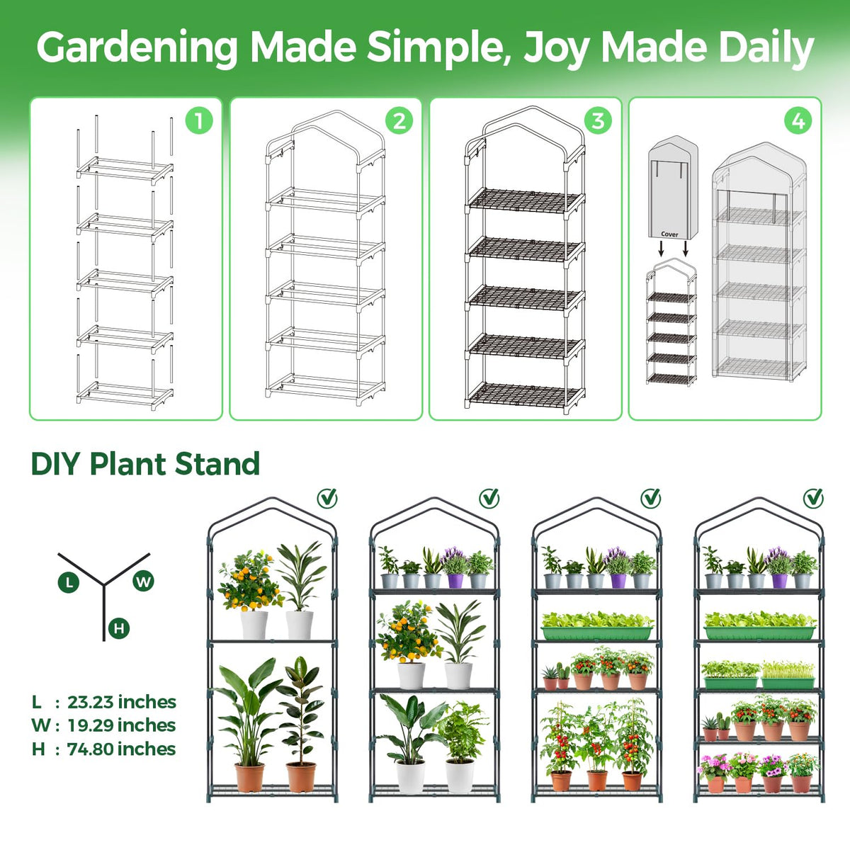 Ohuhu compact greenhouse set up on porch or deck for seedlings.