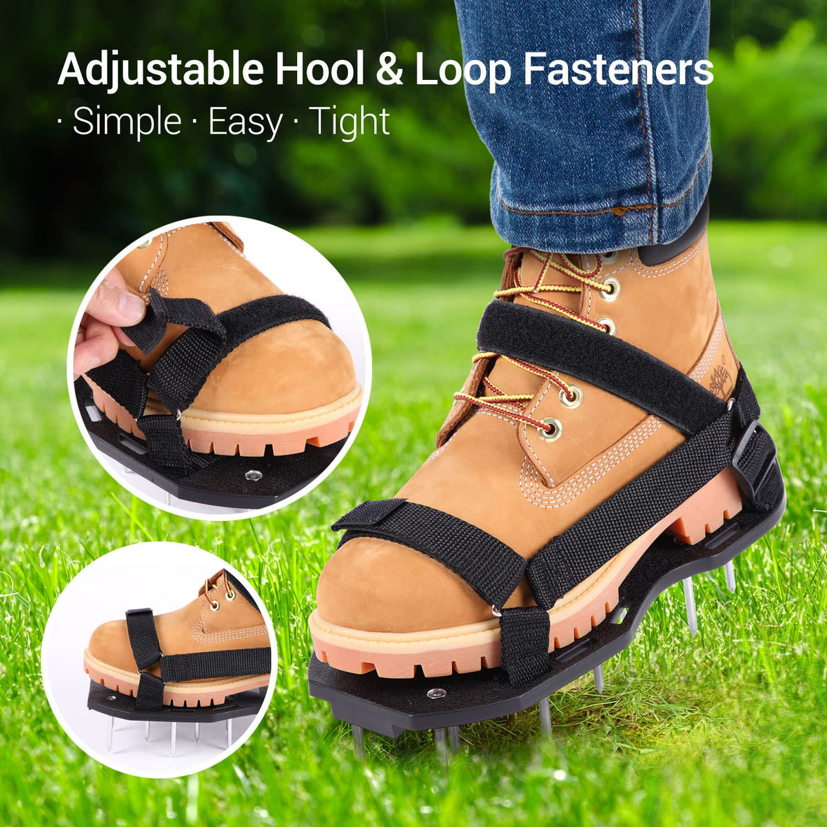 Ohuhu lawn aerator shoes adjustable one-size-fits-all for a comfortable fit.