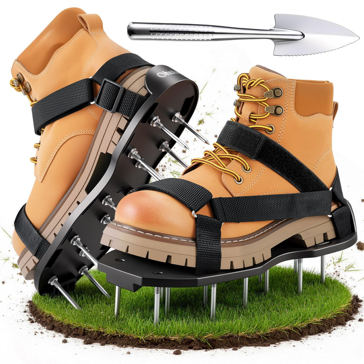 Ohuhu lawn aerator shoes with hook-loop design for quick fit and easy aeration.