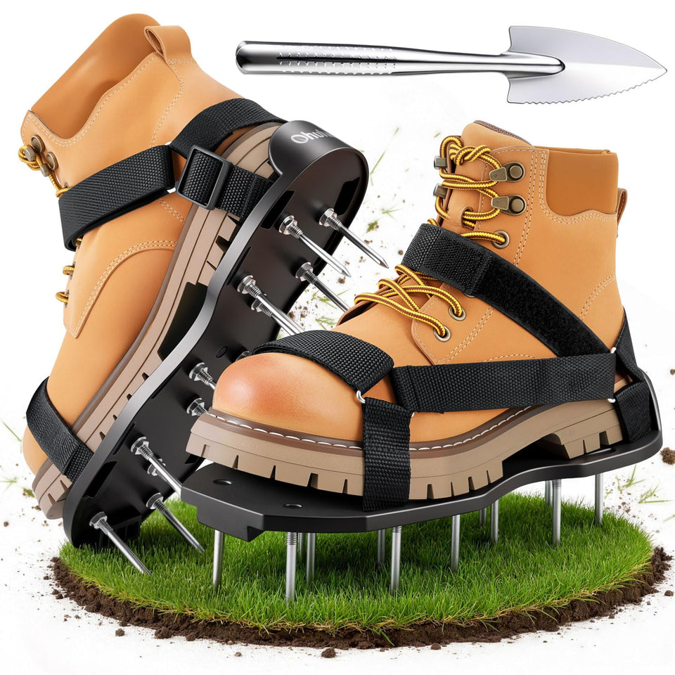 Ohuhu lawn aerator shoes with hook-loop design for quick fit and easy aeration.