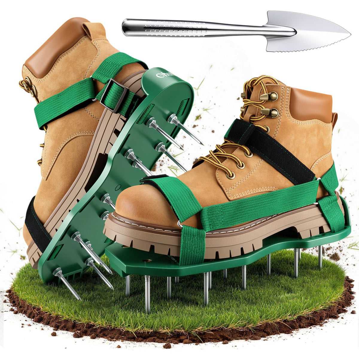 Ohuhu Lawn Aerator Shoes with hook-loop fasteners for quick on/off use.