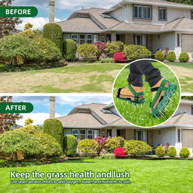 Ohuhu Lawn Aerator Shoes anti-slip bottom for steady traction on wet grass.