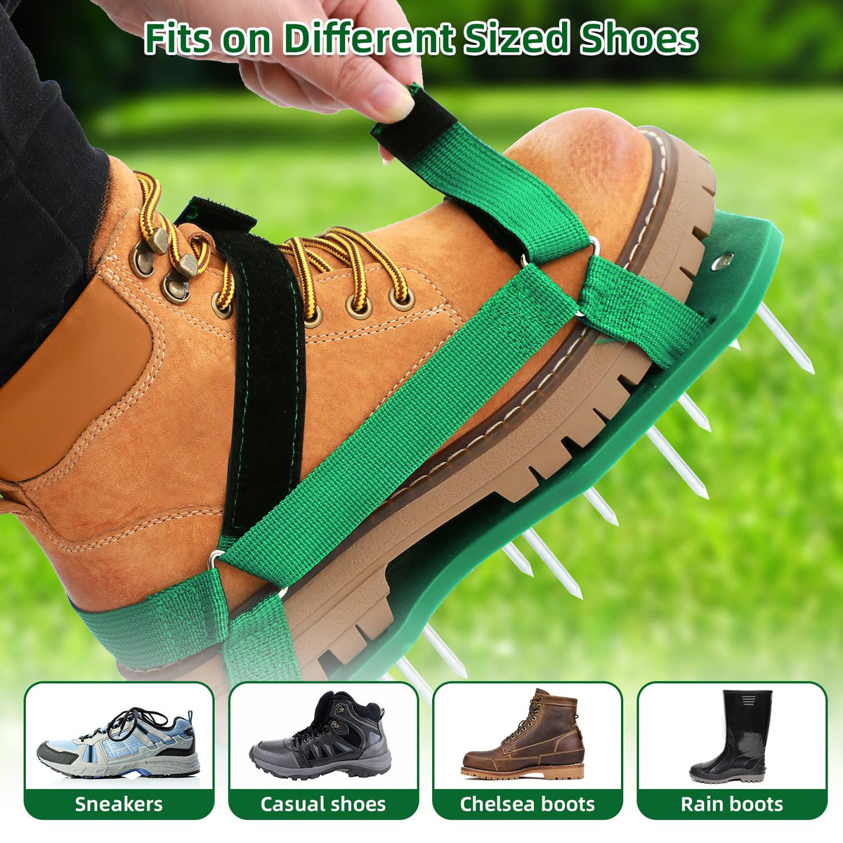 Ohuhu Lawn Aerator Shoes spikes provide targeted soil penetration.