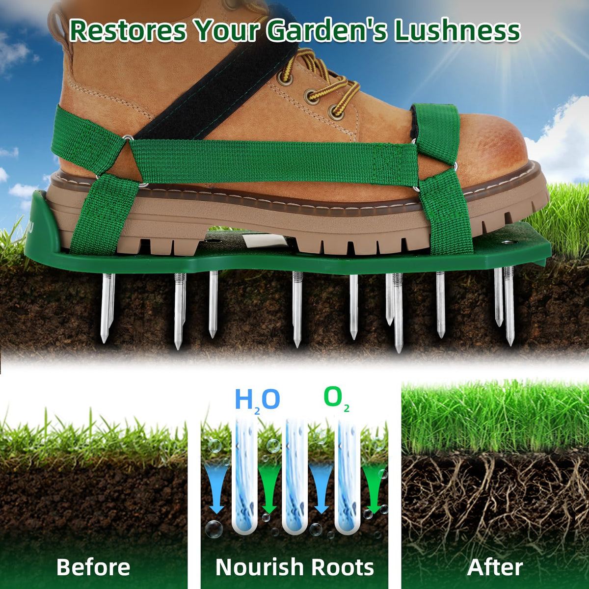 Ohuhu Lawn Aerator Shoes adjustable straps for a secure, comfortable fit.