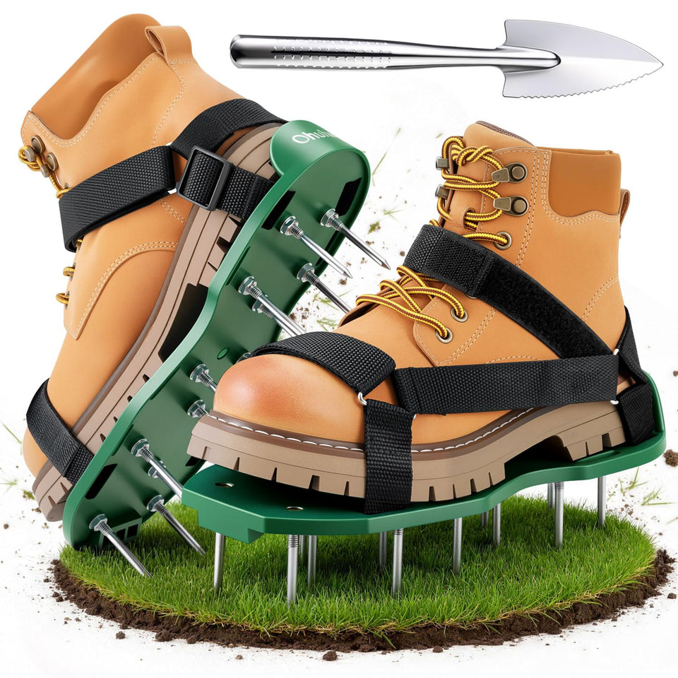 Ohuhu lawn aerator shoes with Velcro strap for quick, secure fit during lawn care.