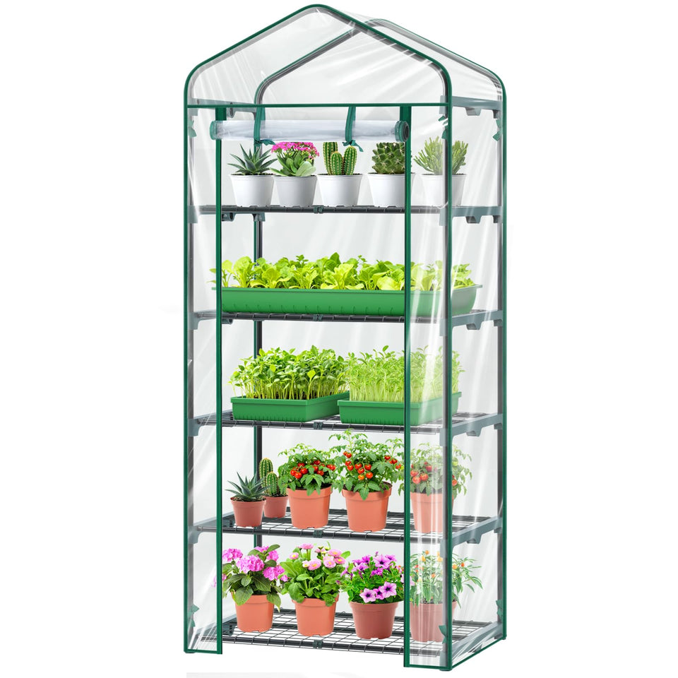 Ohuhu mini greenhouse assembled with 5 sturdy shelves for compact indoor-outdoor use.