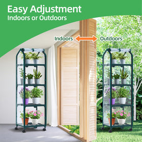 Four sturdy shelves offer ample space for flowers and vegetables.