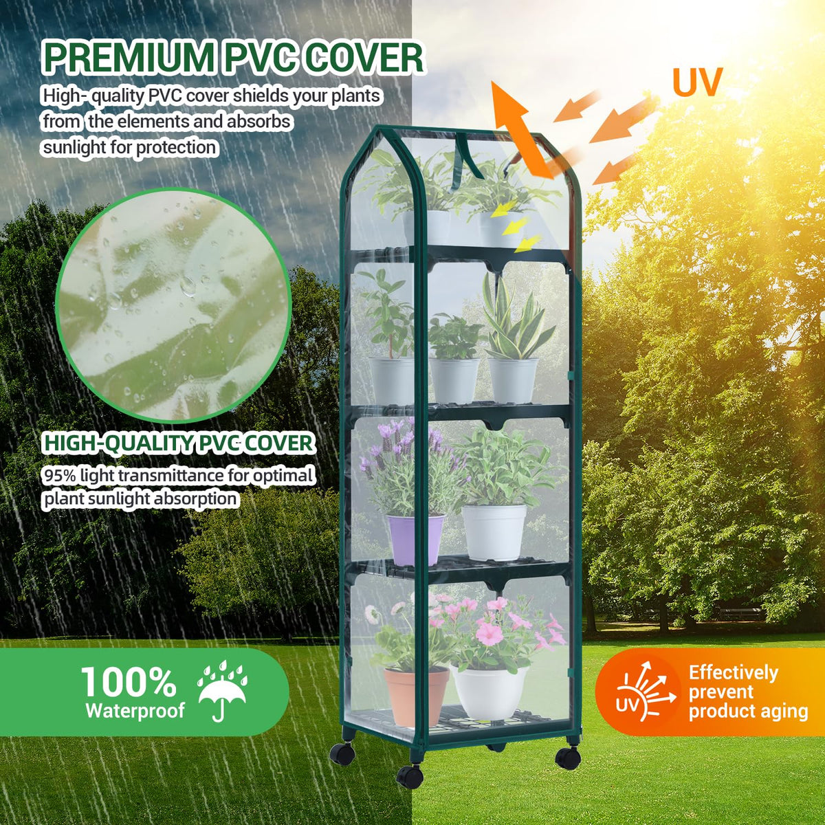 Roll-up zipper door provides ventilation and deters small pests.
