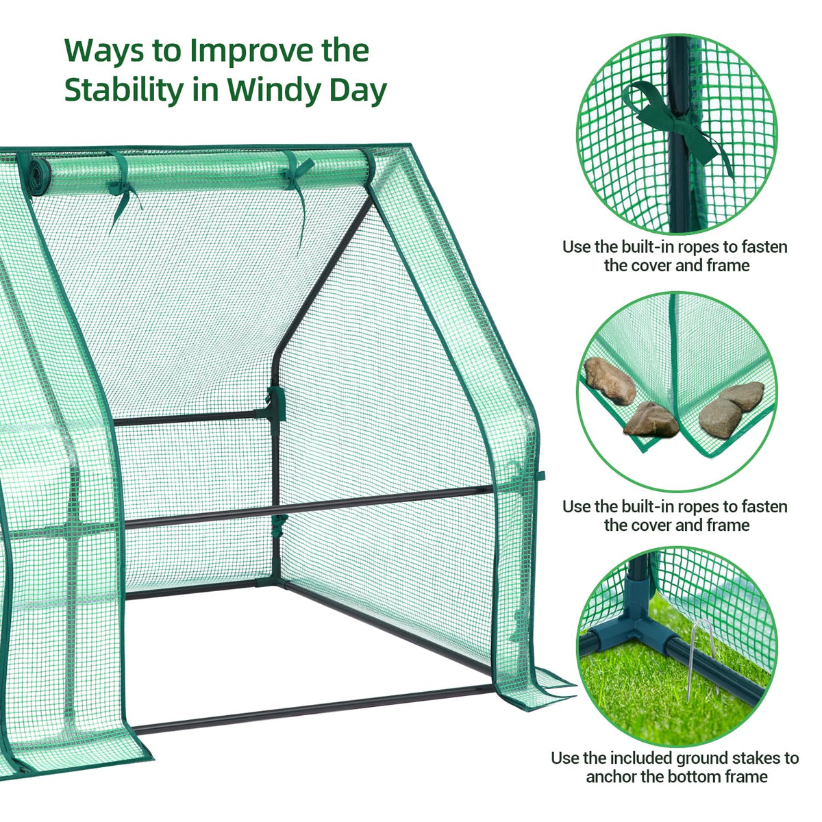 Ohuhu ground stakes stabilizing the lightweight greenhouse frame against wind.