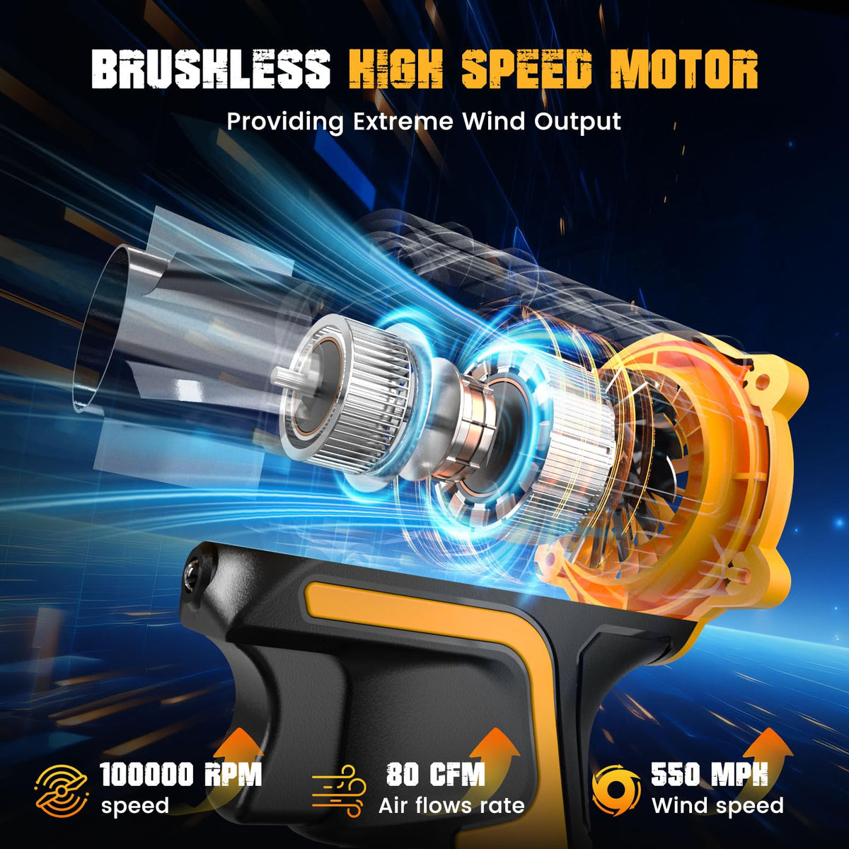ohyes Air Duster close-up of the brushless motor highlighting power and efficiency.