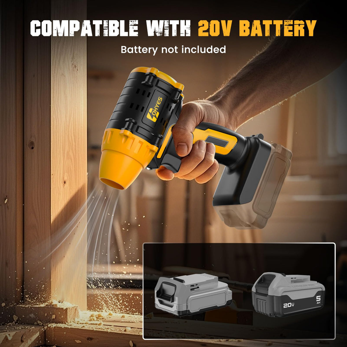 ohyes Air Duster demonstrates DeWALT battery compatibility for flexible power options.